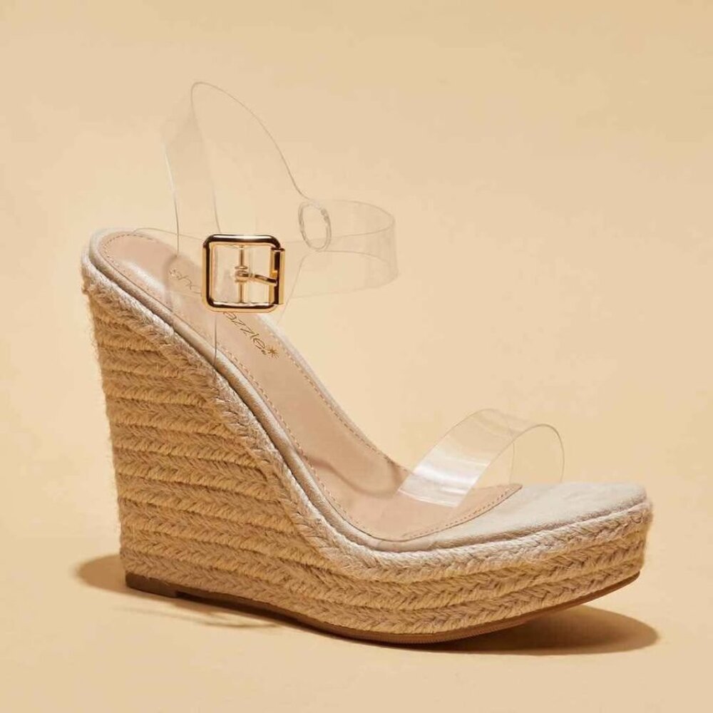 6 Shoe Dazzle Beige Karyssa Wedges w/Clear Straps